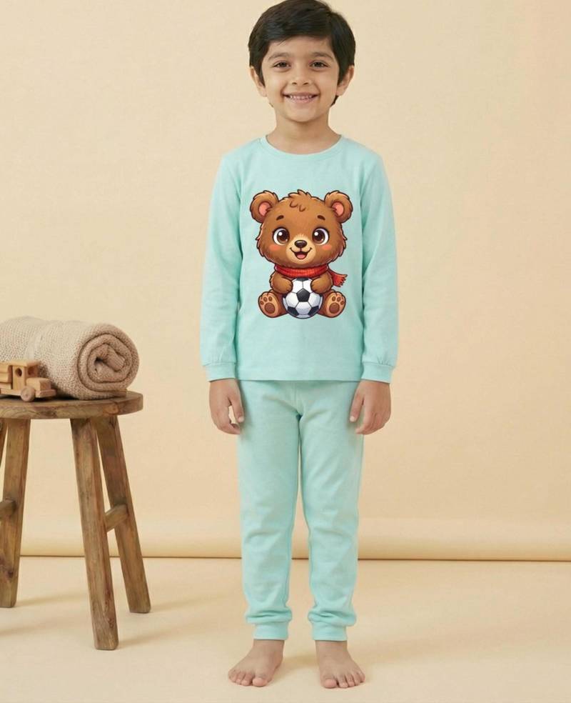 Boys cotton sea green soccer bear printed nightsuit