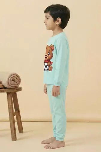 Boys cotton sea green soccer bear printed nightsuit