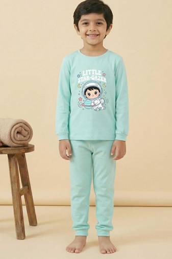 Boys cotton sea green space explorer printed nightsuit