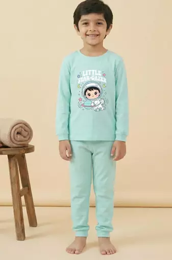 Boys cotton sea green space explorer printed nightsuit