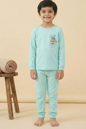 Boys cotton sea green space raccoon pocket printed nightsuit