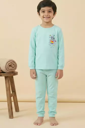 Boys cotton sea green space raccoon pocket printed nightsuit