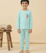 Boys cotton sea green space raccoon pocket printed nightsuit