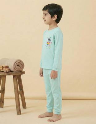 Boys cotton sea green space raccoon pocket printed nightsuit 3