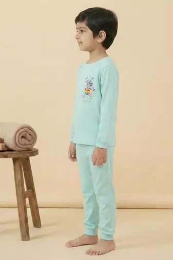 Boys cotton sea green space raccoon pocket printed nightsuit