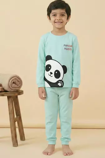 Boys cotton sea green panda hugs printed nightsuit