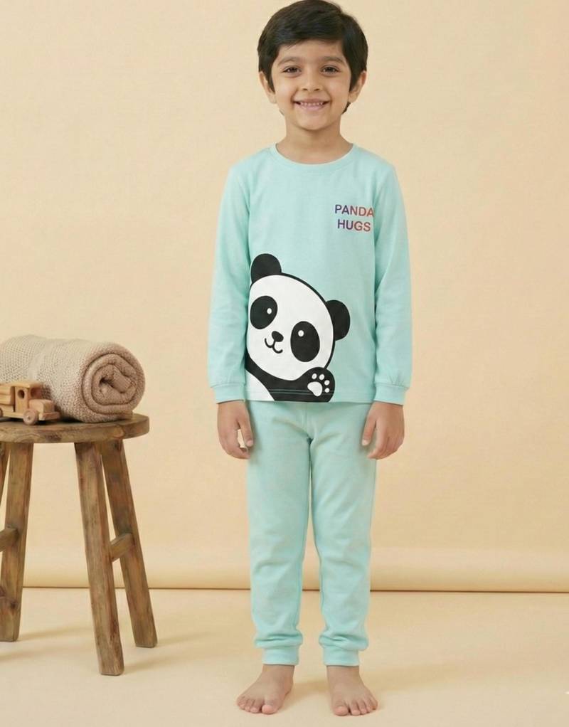 Boys cotton sea green panda hugs printed nightsuit