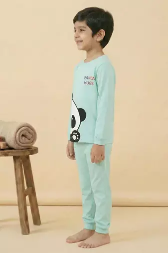 Boys cotton sea green panda hugs printed nightsuit