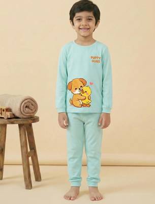 Boys cotton sea green best friends cuddle printed nightsuit 1