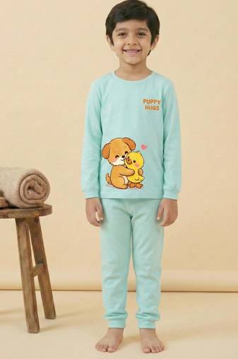 Boys cotton sea green best friends cuddle printed nightsuit