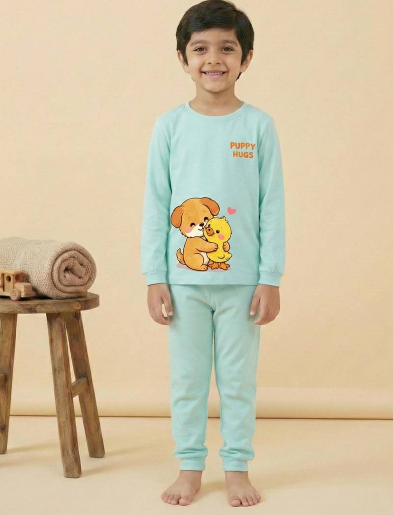 Boys cotton sea green best friends cuddle printed nightsuit