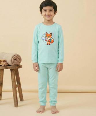 Boys cotton sea green bubble fox printed nightsuit 1