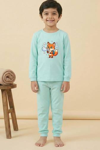 Boys cotton sea green bubble fox printed nightsuit