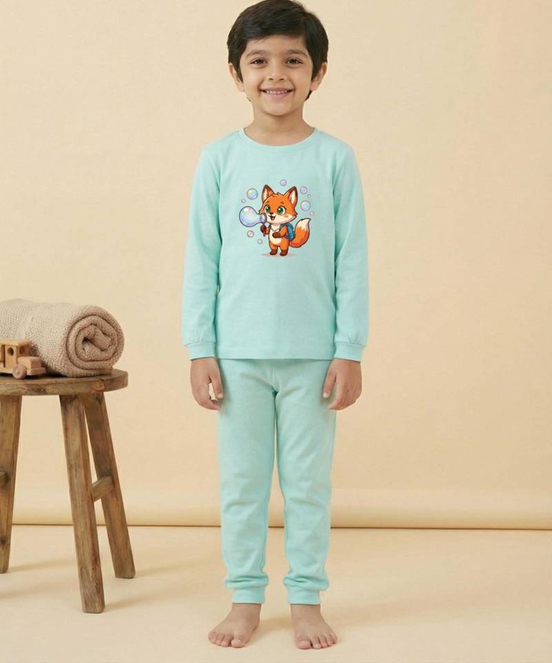 Boys cotton sea green bubble fox printed nightsuit