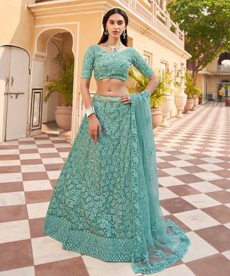 Turquoise net wedding wear lehenga choli set with embroidery & sequin work 1