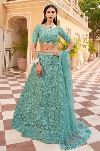Turquoise net wedding wear lehenga choli set with embroidery & sequin work