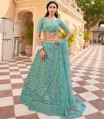Turquoise net wedding wear lehenga choli set with embroidery & sequin work
