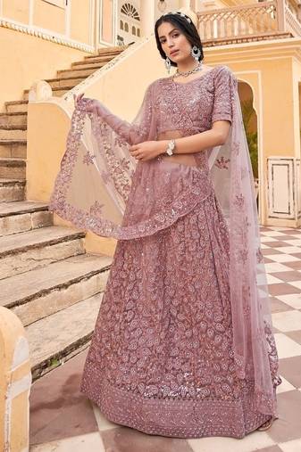 Purple net wedding wear lehenga choli set with embroidery & sequin work