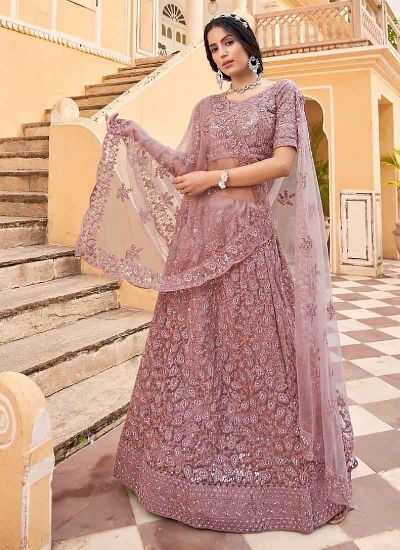 Purple net wedding wear lehenga choli set with embroidery & sequin work