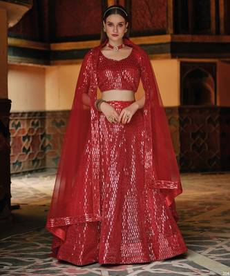 Red Net partywear lehenga choli set with embroidery & sequin work 1