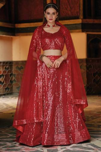 Red Net partywear lehenga choli set with embroidery & sequin work