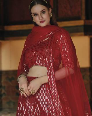 Red Net partywear lehenga choli set with embroidery & sequin work 2