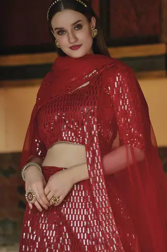 Red Net partywear lehenga choli set with embroidery & sequin work