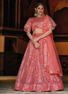 Peach net partywear lehenga choli set with embroidery & sequin work 1
