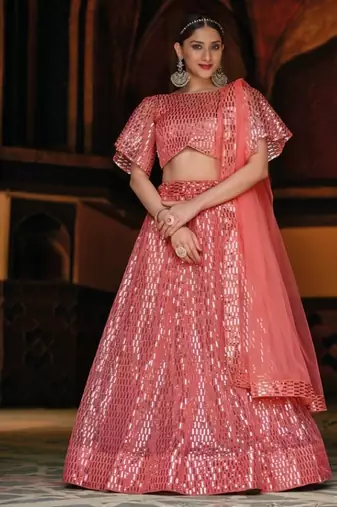 Peach net partywear lehenga choli set with embroidery & sequin work