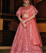 Peach net partywear lehenga choli set with embroidery & sequin work
