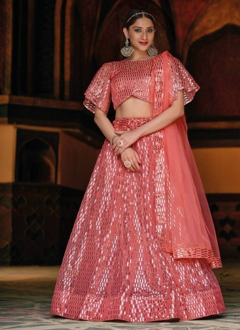 Peach net partywear lehenga choli set with embroidery & sequin work