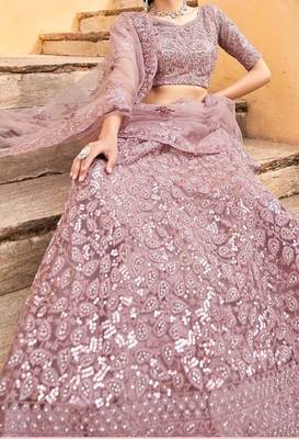 Purple net wedding wear lehenga choli set with embroidery & sequin work 3