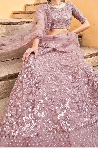 Purple net wedding wear lehenga choli set with embroidery & sequin work