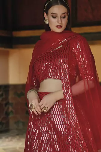 Red Net partywear lehenga choli set with embroidery & sequin work