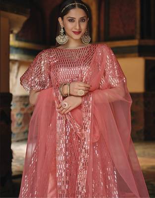 Peach net partywear lehenga choli set with embroidery & sequin work 2