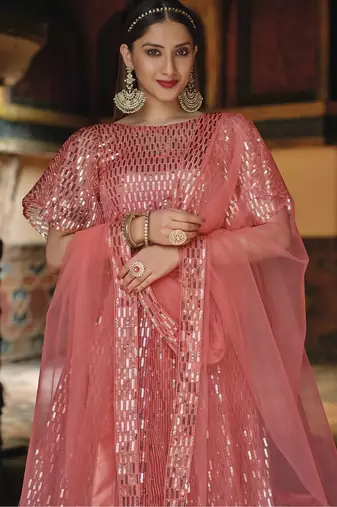 Peach net partywear lehenga choli set with embroidery & sequin work