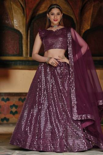 Violet net partywear lehenga choli set with embroidery & sequin work