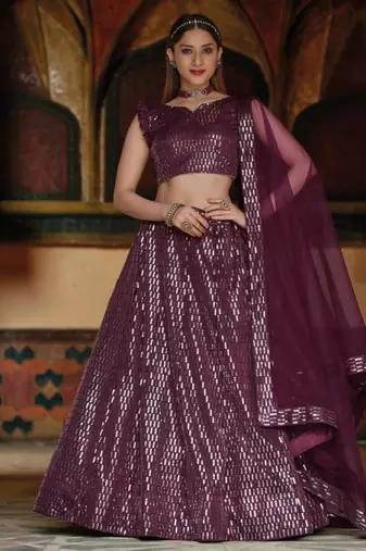 Violet net partywear lehenga choli set with embroidery & sequin work