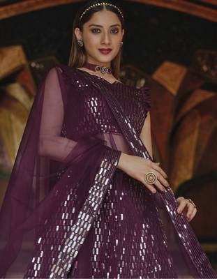 Violet net partywear lehenga choli set with embroidery & sequin work 2