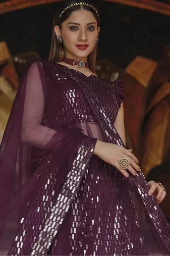 Violet net partywear lehenga choli set with embroidery & sequin work