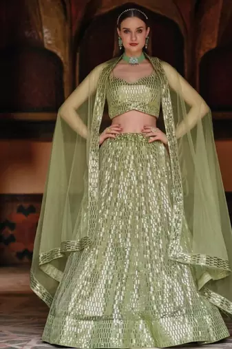 Green Net partywear Lehenga Choli set with Embroidery & Sequin Work