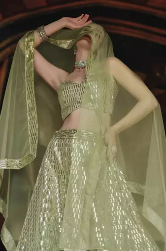 Green Net partywear Lehenga Choli set with Embroidery & Sequin Work