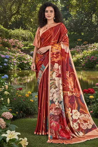 Red premium printed saree with blouse