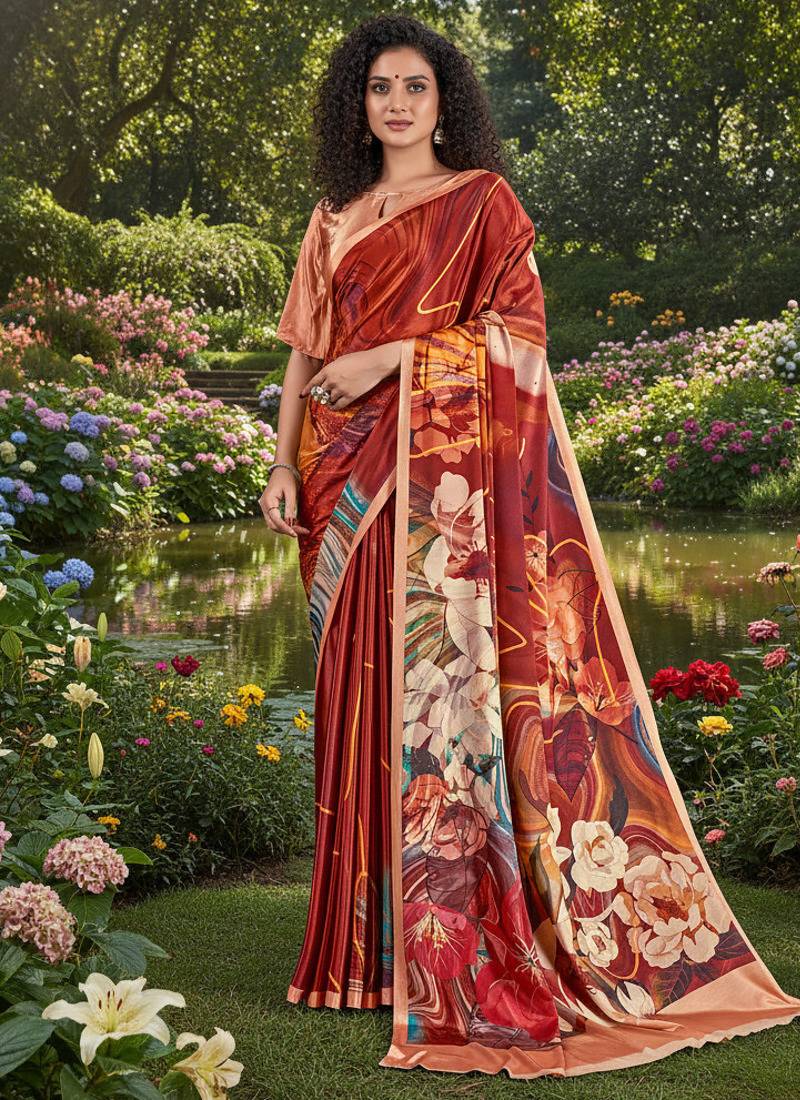 Red premium printed saree with blouse