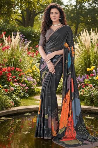 Black premium printed saree with blouse