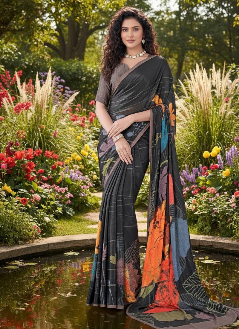Black premium printed saree with blouse