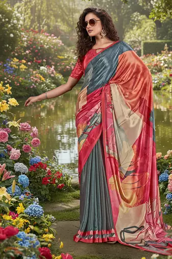 multicolor premium printed saree with blouse