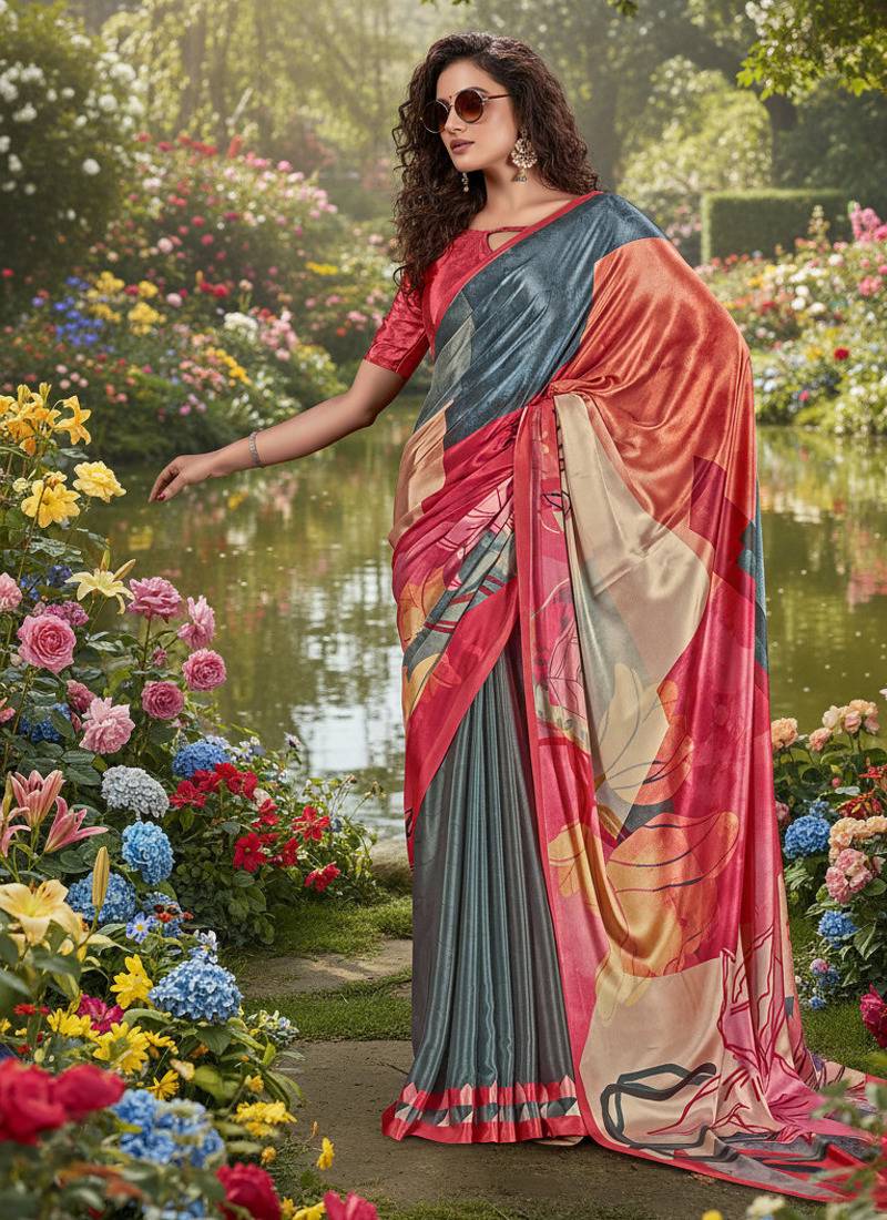 multicolor premium printed saree with blouse