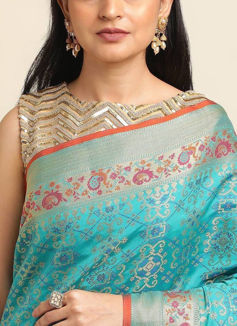 Blue Pure Bandhej Patola Silk Saree Silk Blend Saree With Blouse Piece