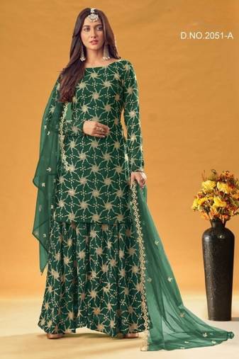 green faux georgette embroidered sequins & mirror work palazzo suit